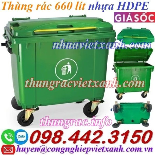 Thùng rác 660 lít nhựa HDPE 4 bánh xe màu xanh lá