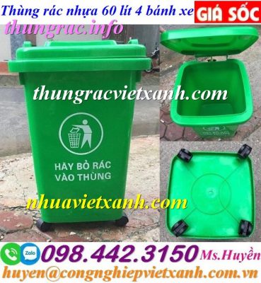 Thùng rác 60 lít nhựa HDPE 4 bánh xe màu xanh lá