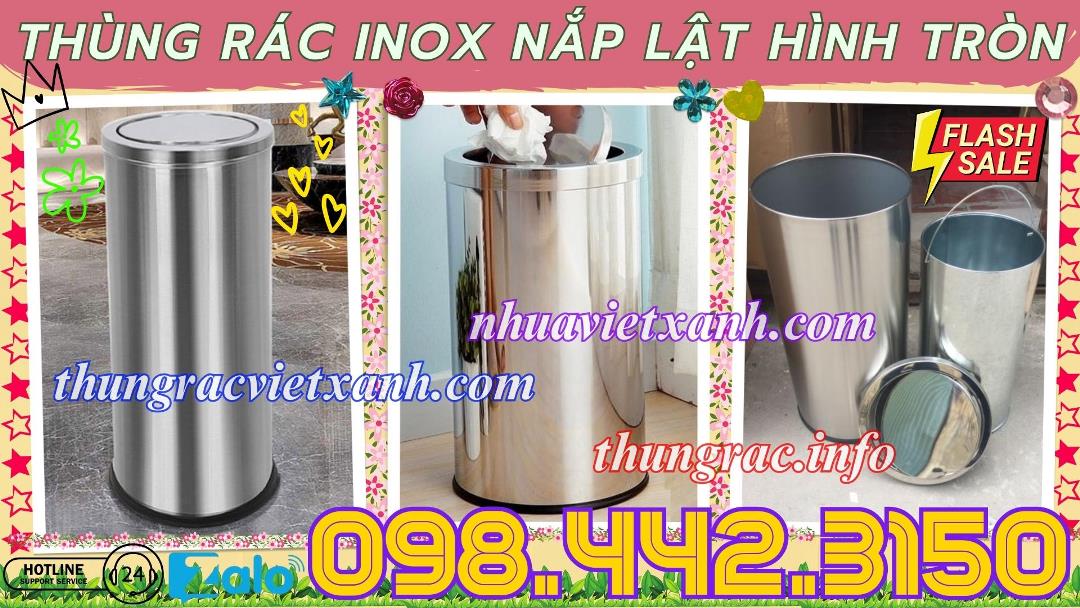 Thùng rác inox nắp lật hình tròn