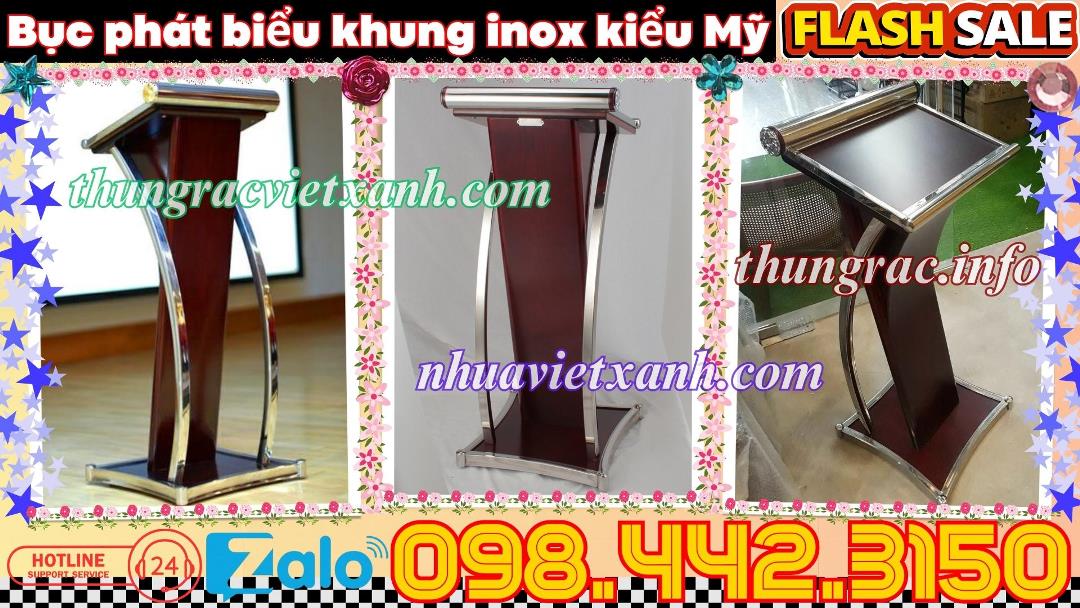 Bục phát biểu kiểu Mỹ khung inox trắng thân gỗ nâu