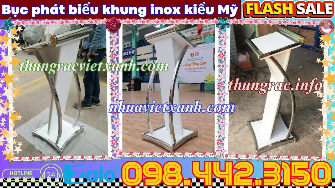 Bục phát biểu kiểu Mỹ khung inox trắng chân gỗ trắng