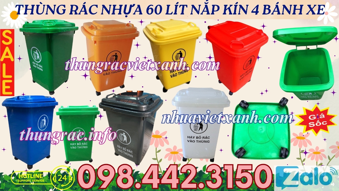 Thùng rác nhựa 60L nắp kín 4 bánh xe