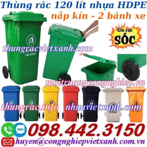 Thùng rác 120 lít nắp kín nhựa HDPE 2 bánh xe