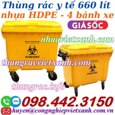 Thùng rác y tế 660 lít nhựa HDPE 4 bánh xe màu vàng