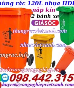 Thùng rác 120L nhựa HDPE nắp kín 2 bánh xe