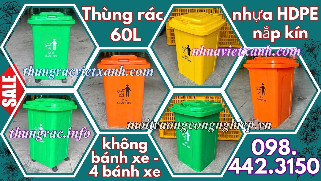 Thùng rác 60 lít nhựa HDPE nắp kín