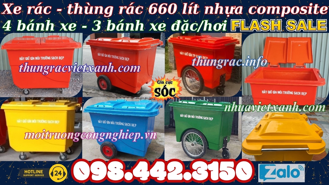 Thùng rác 660 lít nhựa composite 4 bánh xe và 3 bánh xe đặc/hơi