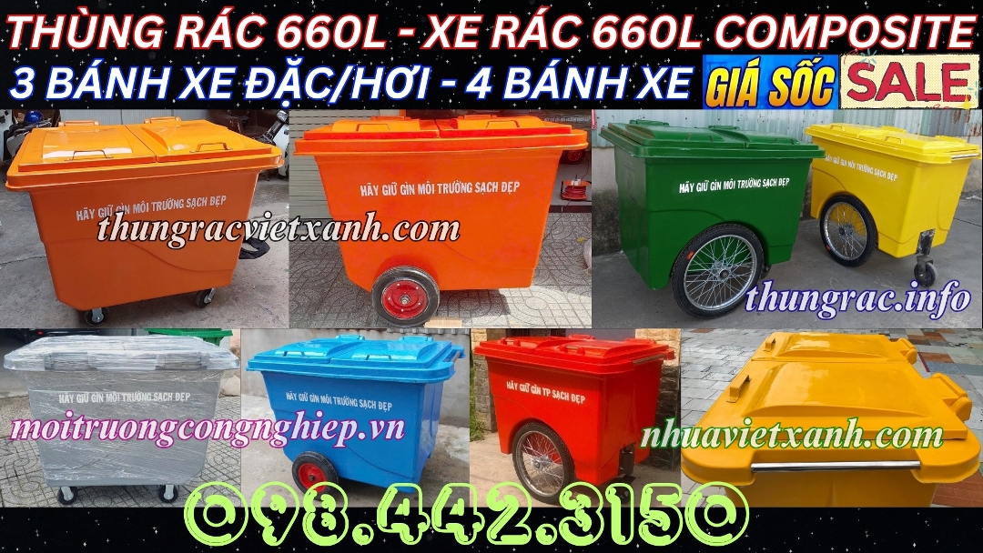 Xe rác 660 lít nhựa composite 4 bánh xe và 3 bánh xe đặc/hơi
