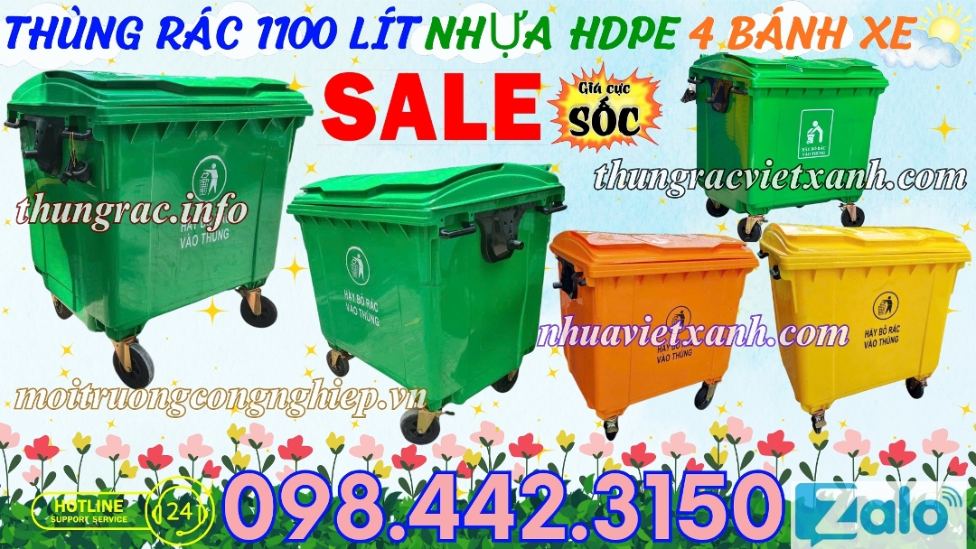 Thùng rác 1100 lít nhựa HDPE 4 bánh xe