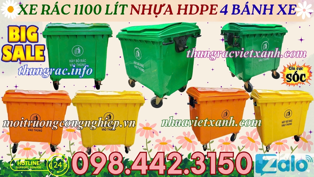 Xe rác 1100 lit nhựa HDPE 4 bánh xe