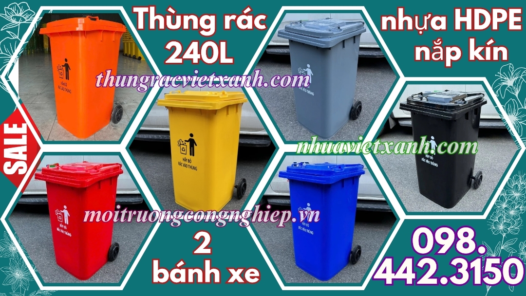 Thùng rác 240L nhựa HDPE nắp kín TR240K
