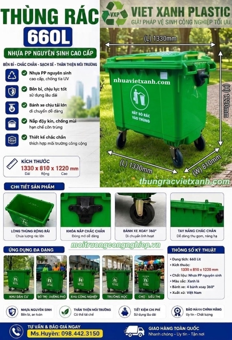 Thùng rác 660 lít nhựa HDPE 4 bánh xe