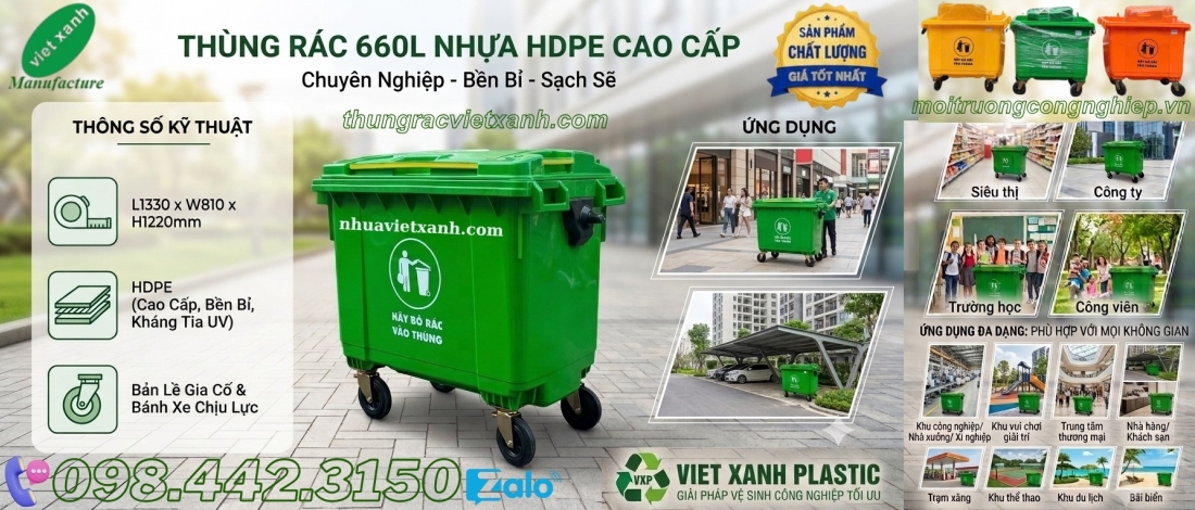 Thùng rác nhựa 660 lít 4 bánh xe