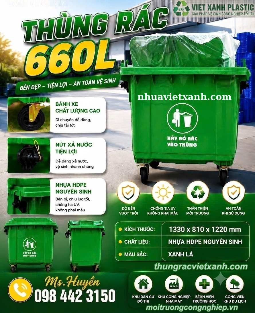 Xe rác 660 lít nhựa HDPE 4 bánh xe